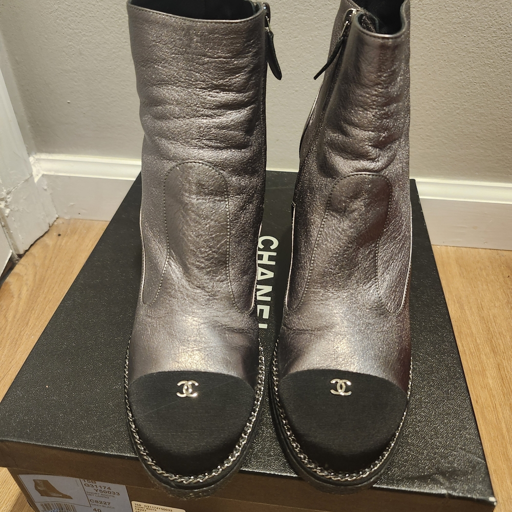 Chanel Metallic Gray Leather Ankle Boots with CC Cap Toe